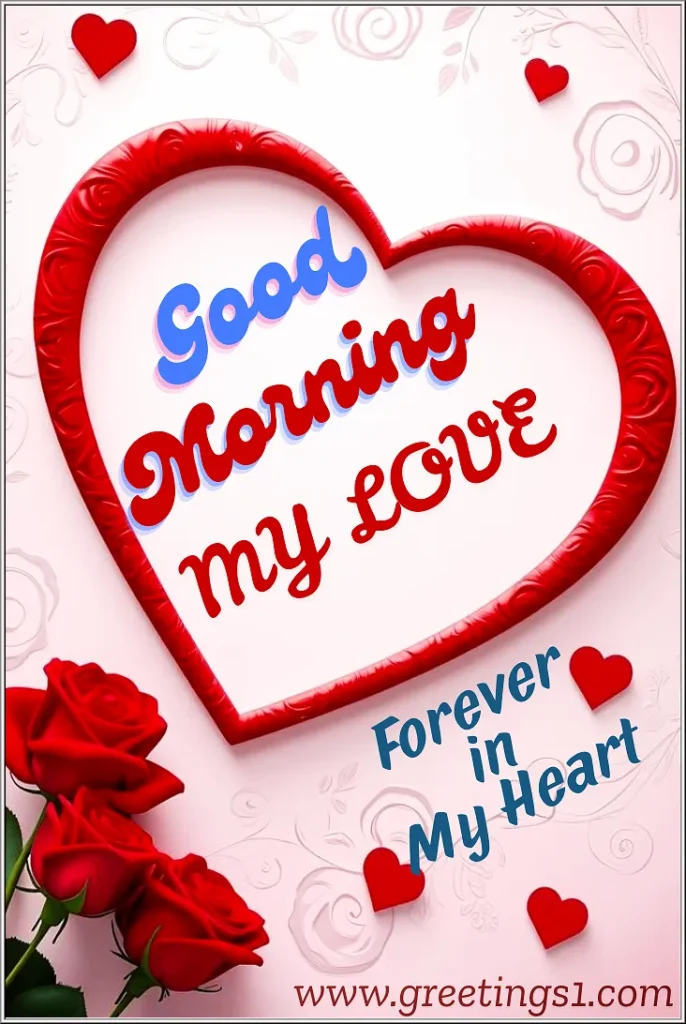 good morning message to my love images with red heart and roses for your sweetheart to wish a lovely good morning