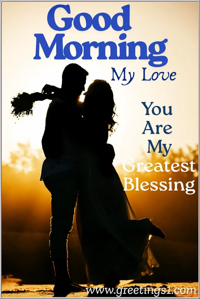 Good Morning my love you are my greatest blessing romantic couple hug each other holding flowers in hand in beautiful morning 